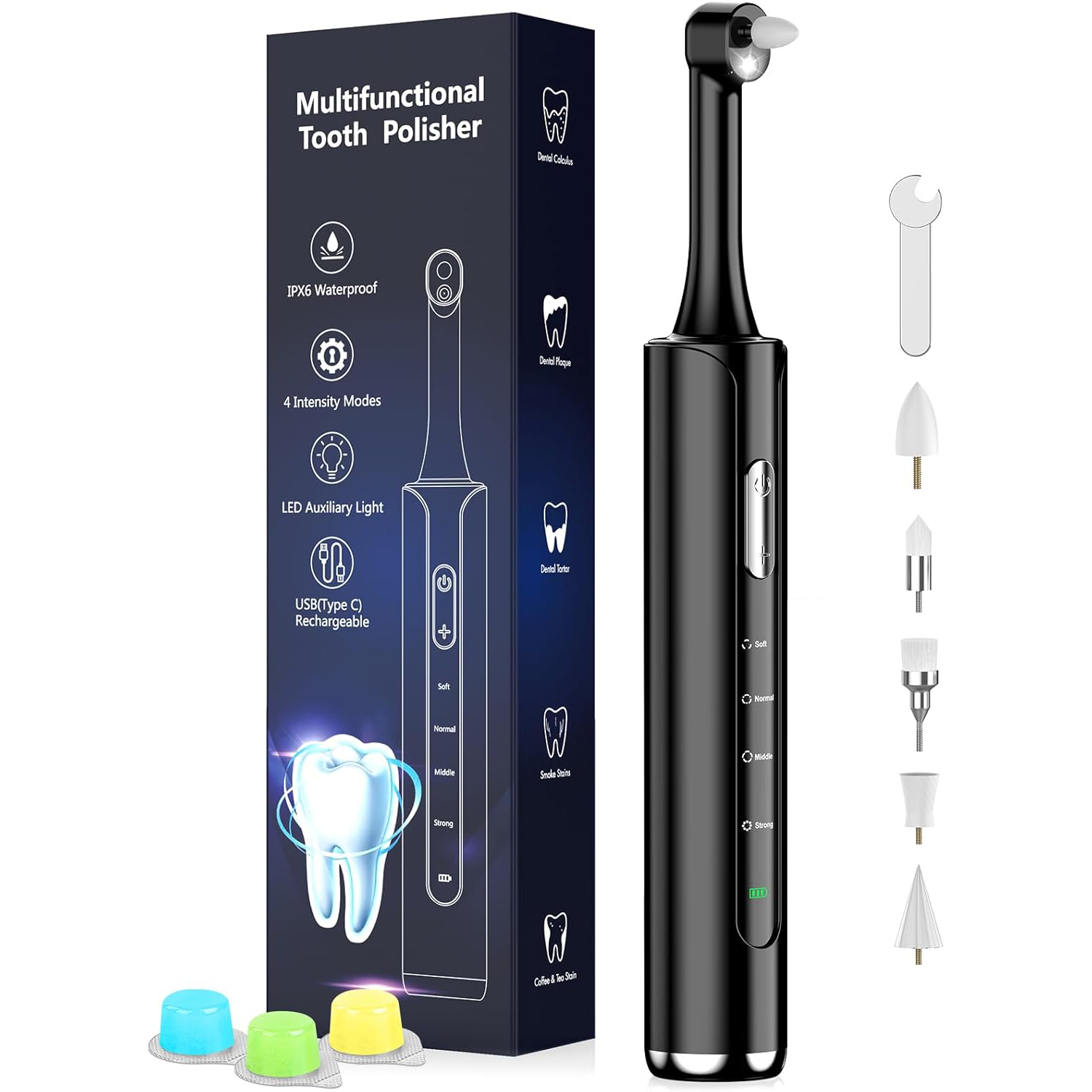 Teeth Whitening Or Tooth Whitening - เครื่องขัดฟัน เครื่องขัดฟันแบบชาร์จไฟได้พร้อมหัวแปรง 5 หัว โหมดความเร็ว 4