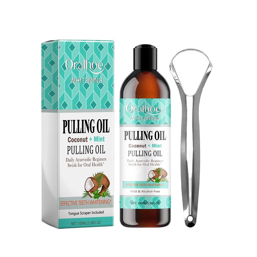 Teeth Whitening Oil Pulling - น้ำยาบ้วนปากมะพร้าวมิ้นท์ ปราศจากแอลกอฮอล์ พร้อมที่ขูดลิ้น แปรงสีฟัน ดูแลสุขภาพช่องปาก ลมหายใจหอมสดชื่น