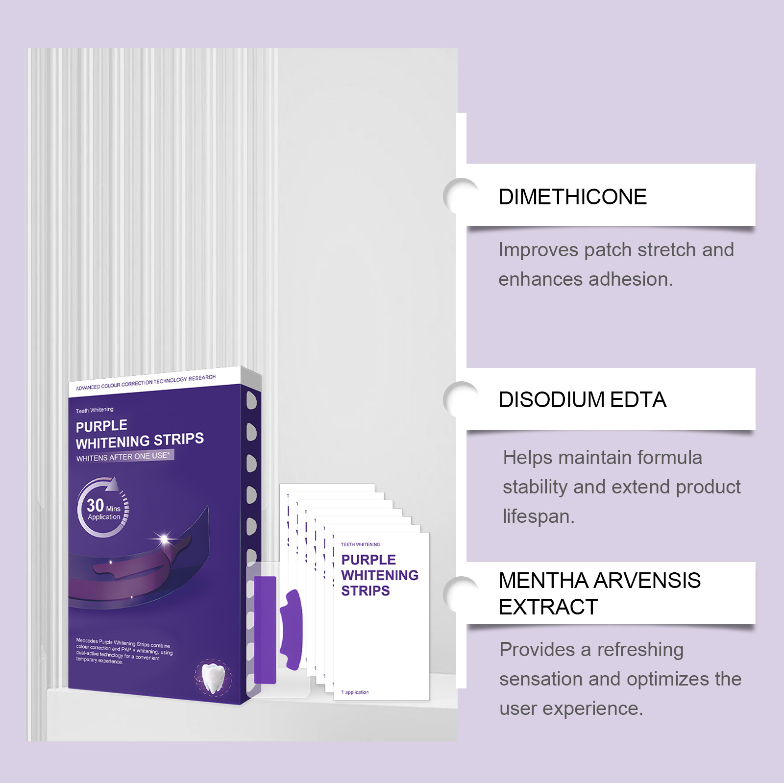 แผ่นฟอกฟันขาวสีม่วง สูตรอ่อนโย - Teeth Whitening Ingredients บทวิจารณ์และราคา